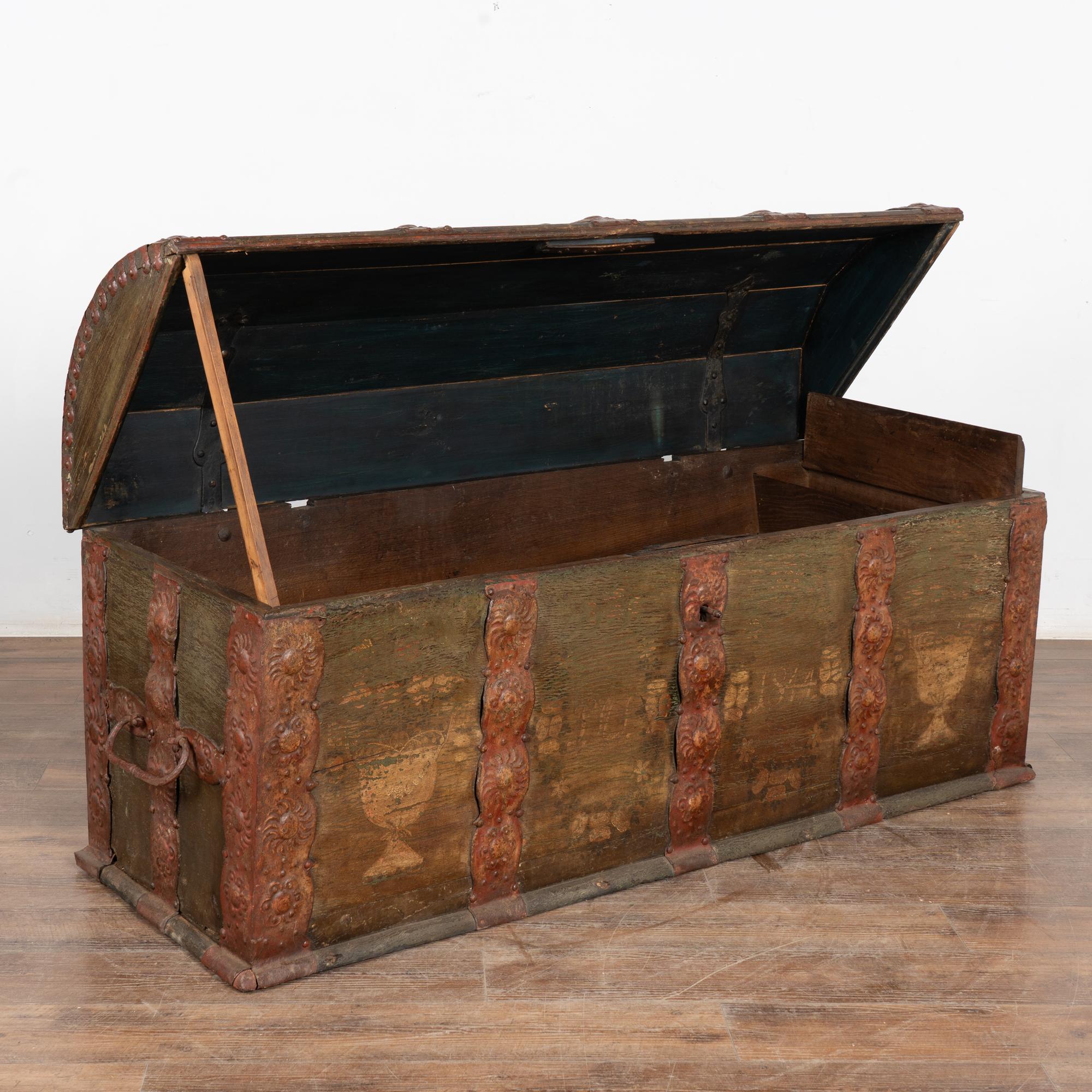 Folk Art Large Original Green Painted Swedish Dome Top Trunk dated 1844 For Sale