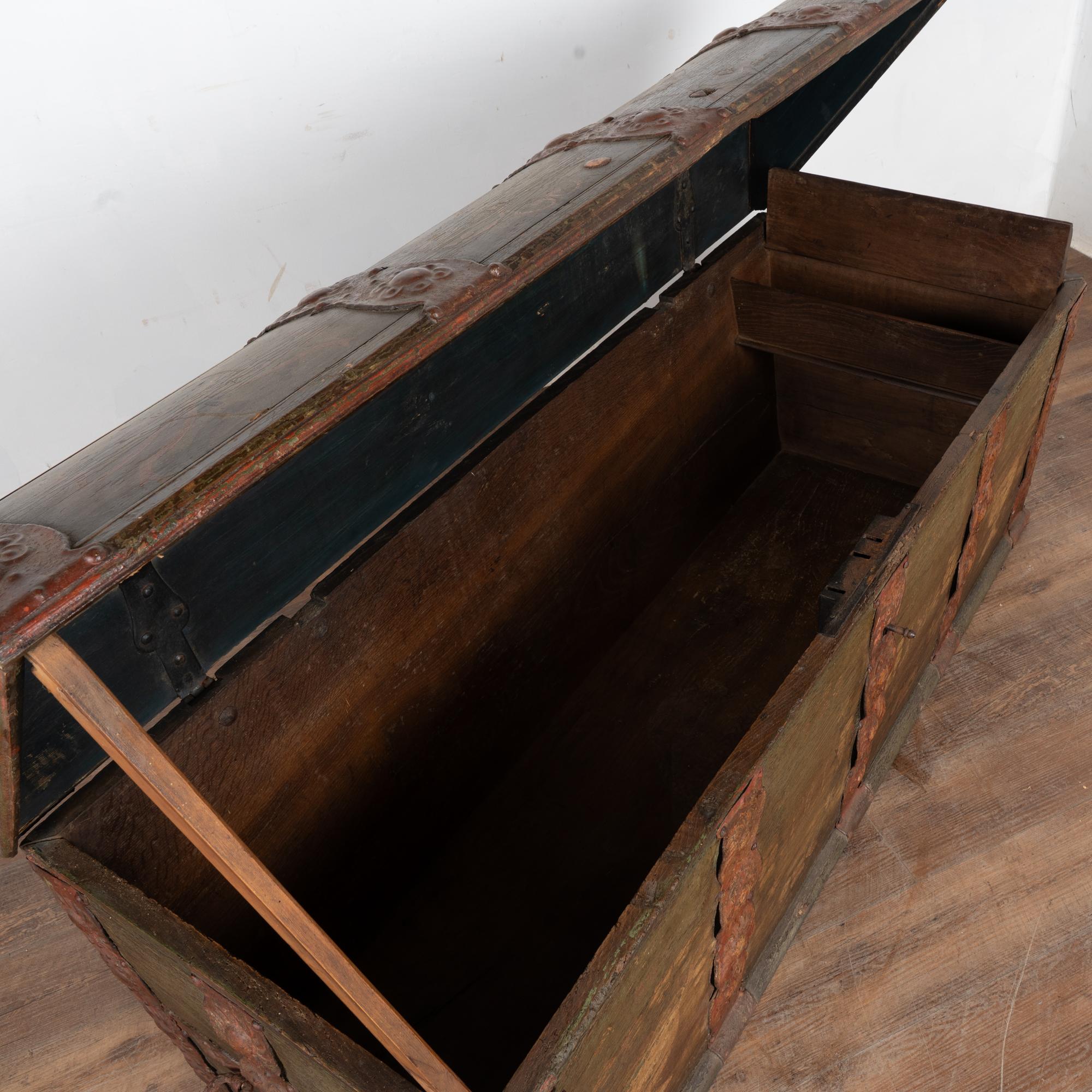 Large Original Green Painted Swedish Dome Top Trunk dated 1844 In Fair Condition For Sale In Round Top, TX