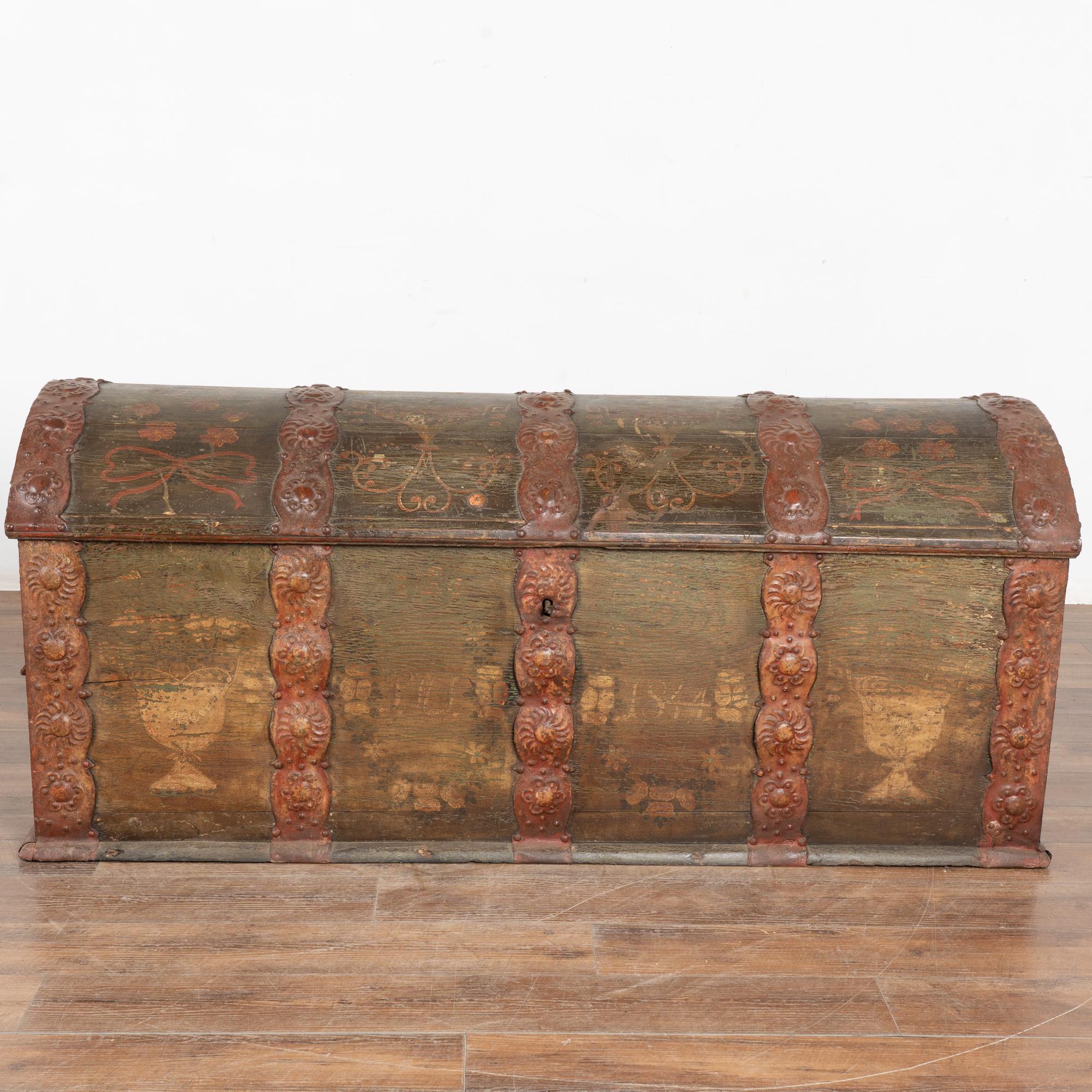 19th Century Large Original Green Painted Swedish Dome Top Trunk dated 1844 For Sale