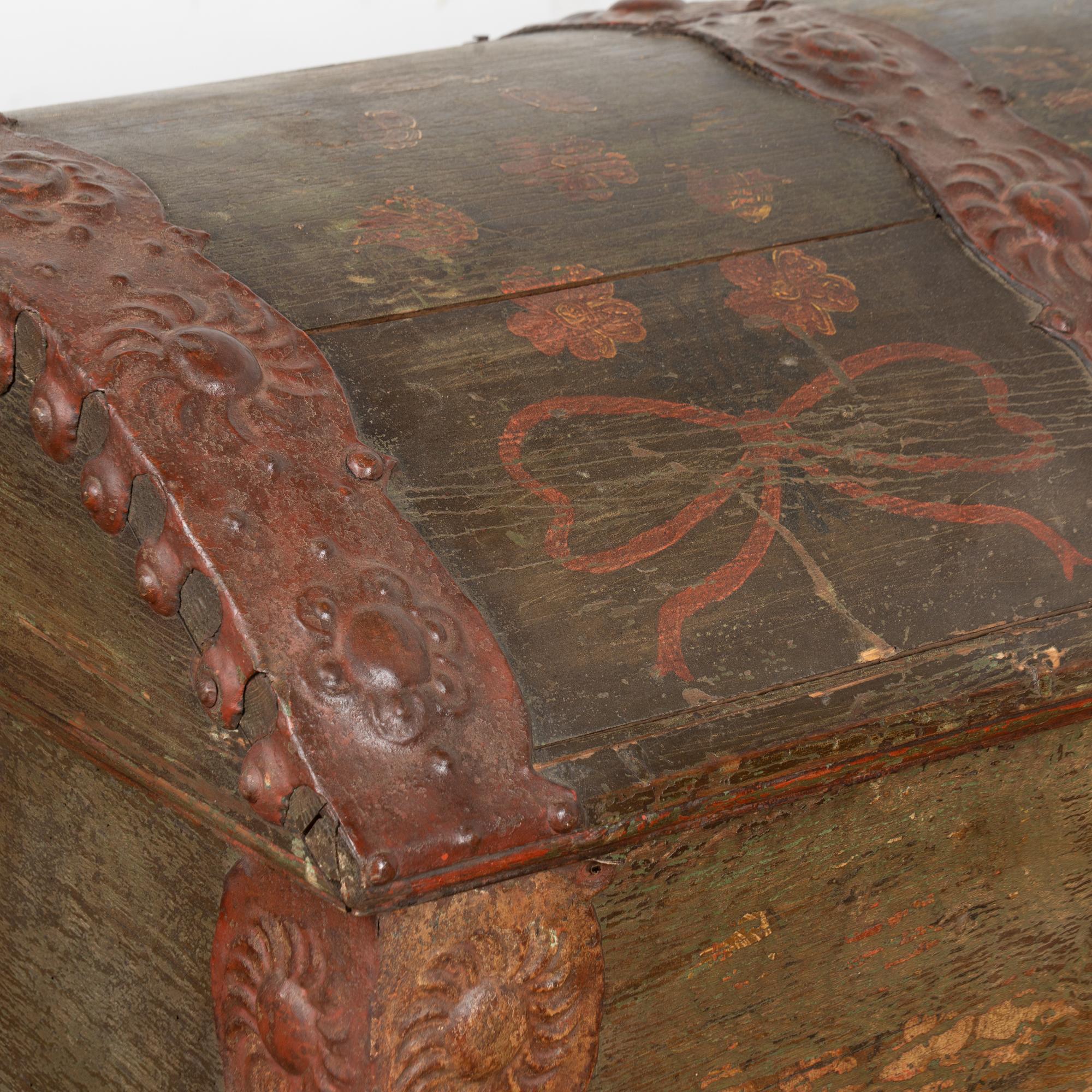 Iron Large Original Green Painted Swedish Dome Top Trunk dated 1844 For Sale