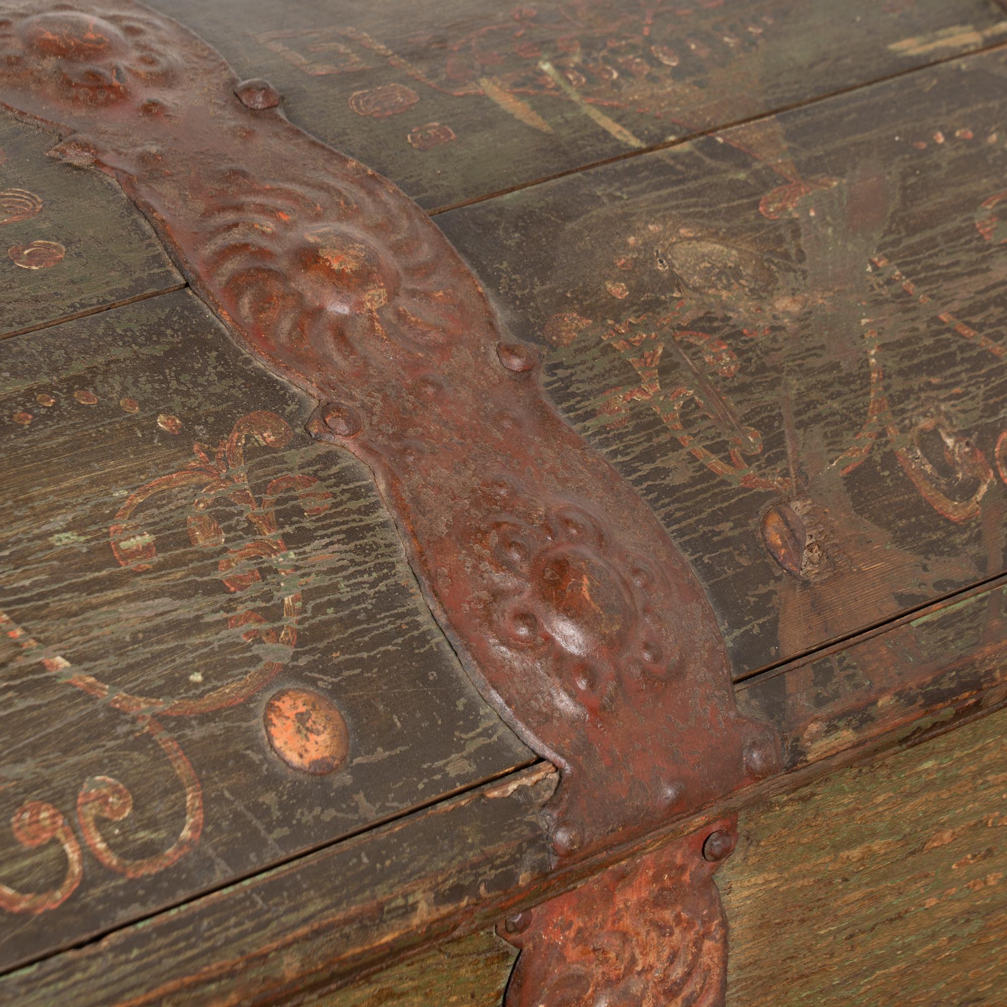 Large Original Green Painted Swedish Dome Top Trunk dated 1844 For Sale 1