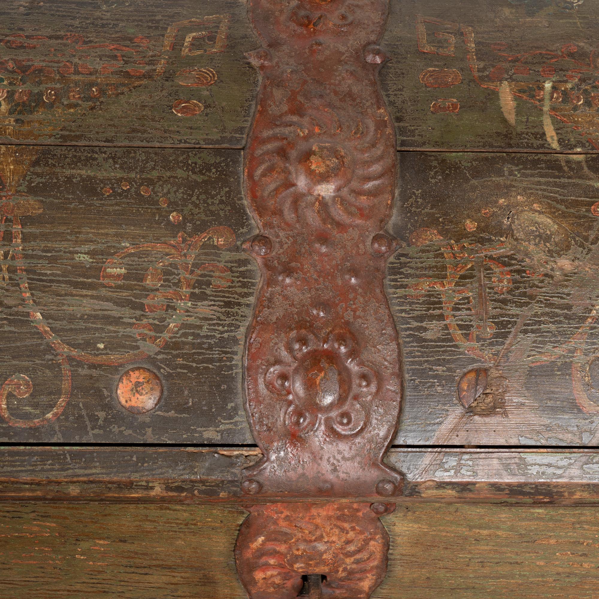 Large Original Green Painted Swedish Dome Top Trunk dated 1844 For Sale 2
