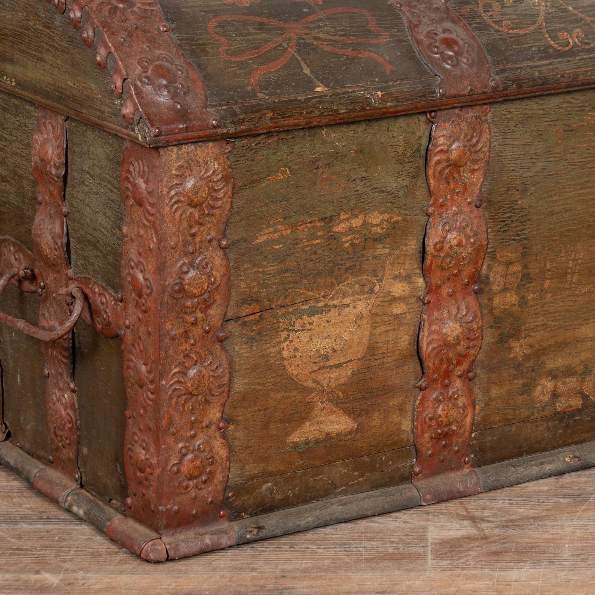 Large Original Green Painted Swedish Dome Top Trunk dated 1844 For Sale 3