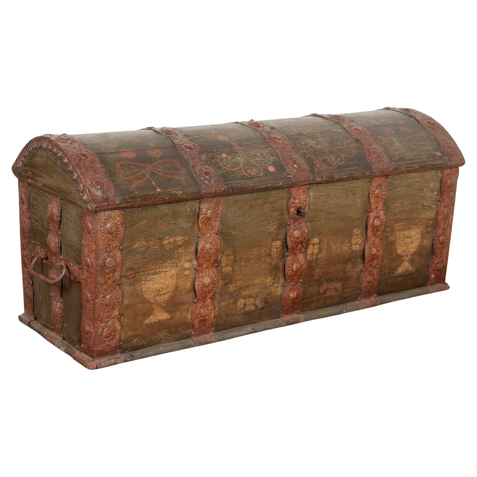 Large Original Green Painted Swedish Dome Top Trunk dated 1844 For Sale