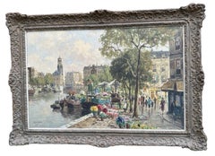 Large Original Impressionist Oil Painting of Amsterdam Flower Market by H. Hoven