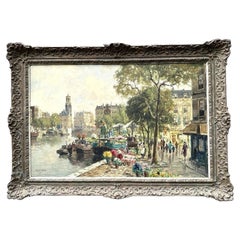 Large Original Impressionist Oil Painting of Amsterdam Flower Market by H. Hoven