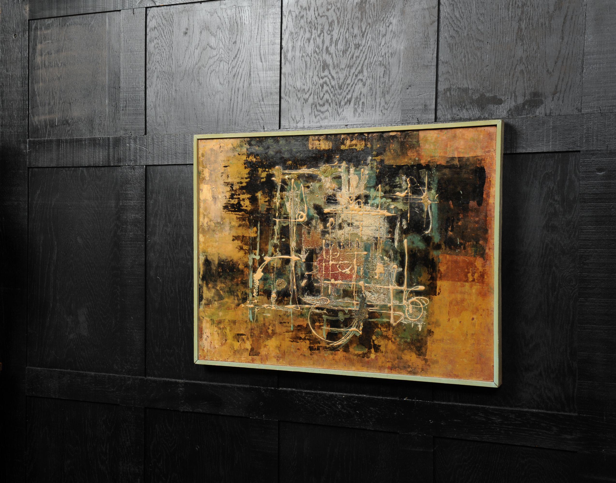 Une étonnante huile sur panneau abstraite du milieu du siècle par l'artiste William Ernst Burwell (1911-1974). Il est magnifiquement peint avec des textures fortement appliquées à dominante d'oranges et de bruns. Il est dans son cadre original de