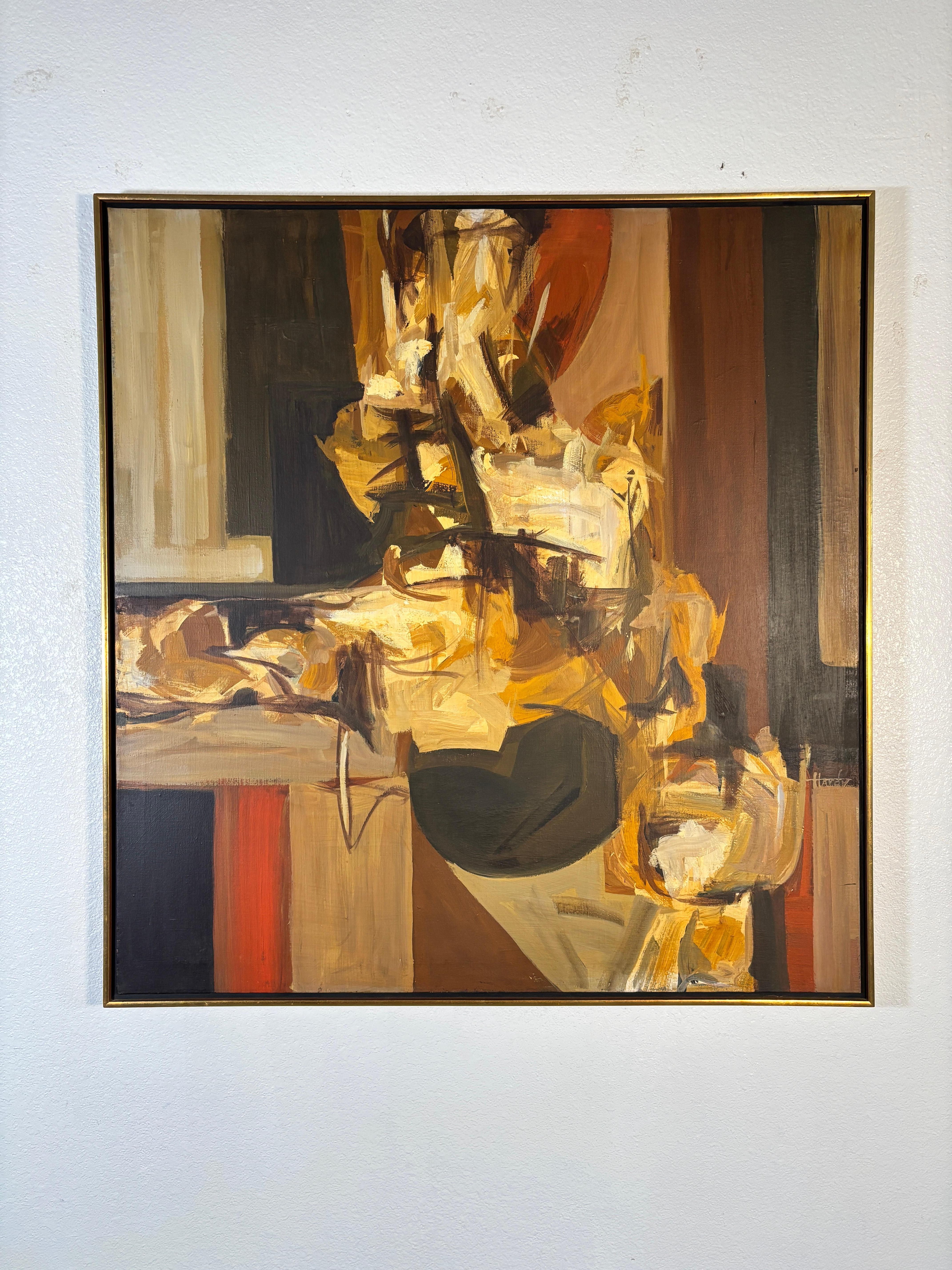 Original Mid Century Modern Acrylic Painting auf Leinwand in einem messingbeschlagenen Holzrahmen. Von der Künstlerin Roberta Hardy aus Tampa, verso betiteltes Stilleben, signiert, CIRCA 1960er Jahre. Erworben aus dem Nachlass eines Architekten- und