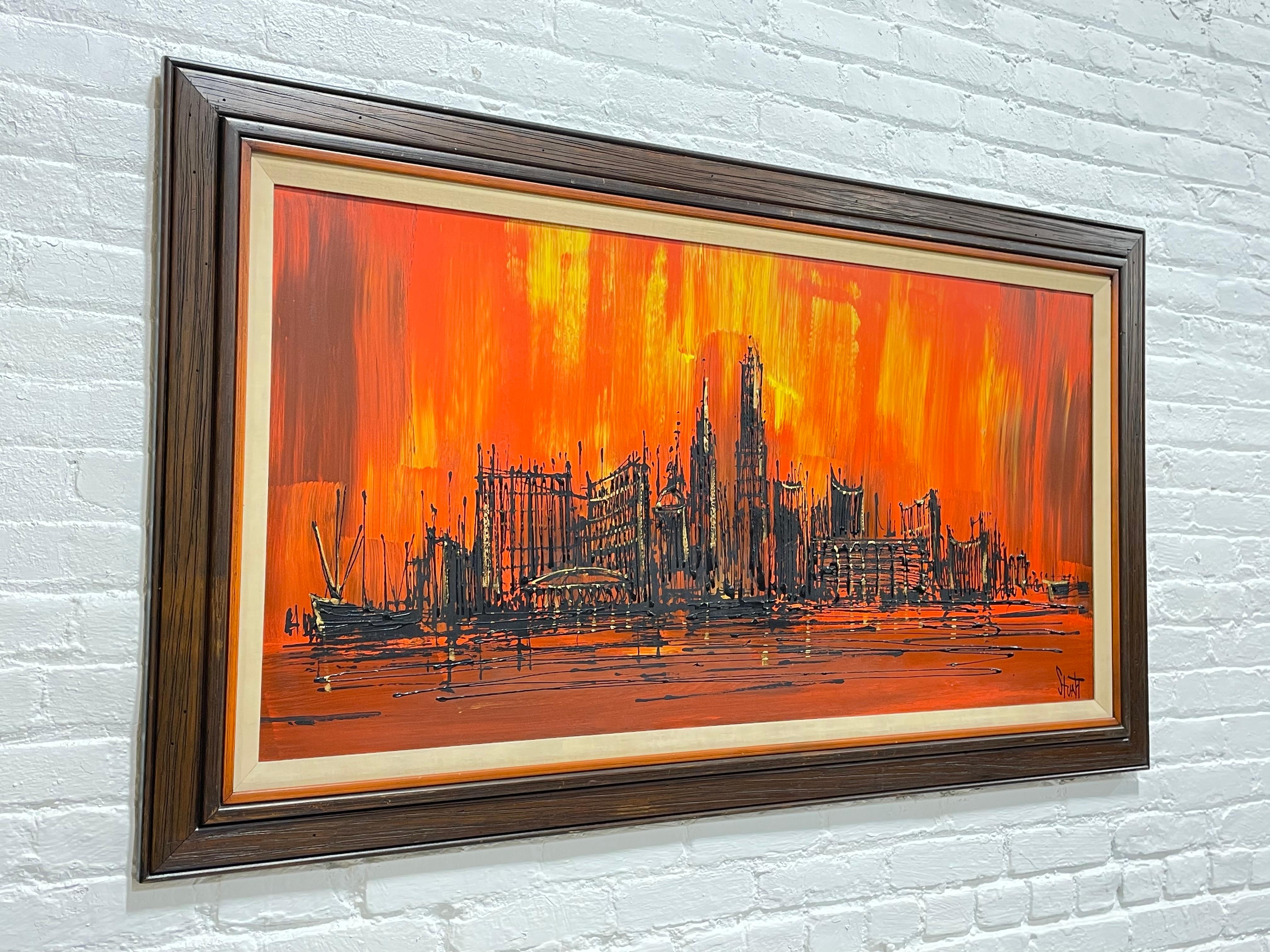 LARGE Original Mid Century MODERN Skyline Framed ARTWORK by Stuart In Good Condition For Sale In Weehawken, NJ