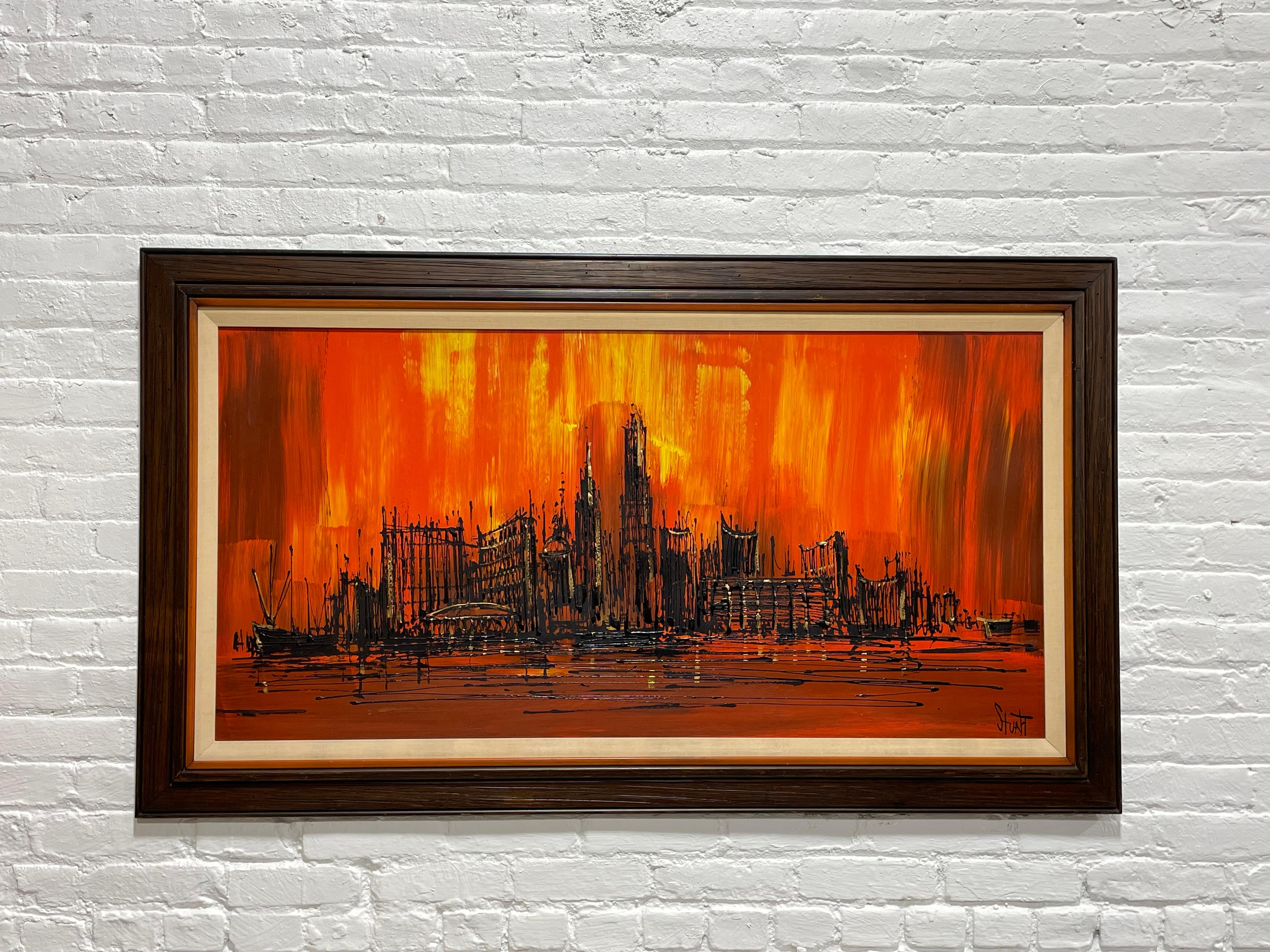 LARGE Original Mid Century MODERN Skyline Framed ARTWORK by Stuart For Sale 2
