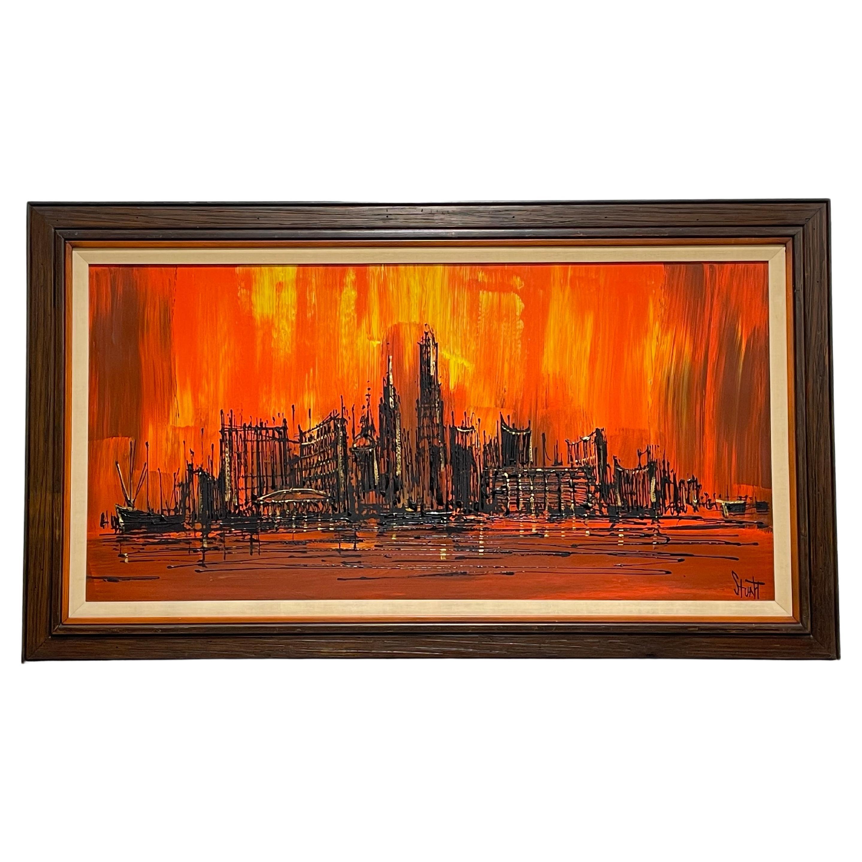 LARGE Original Mid Century MODERN Skyline Framed ARTWORK by Stuart For Sale
