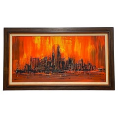 Grande œuvre d'art originale encadrée Skyline du milieu du siècle dernier de Stuart