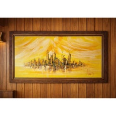 Grande œuvre d'art originale encadrée de style moderne du milieu du siècle signée Skyline