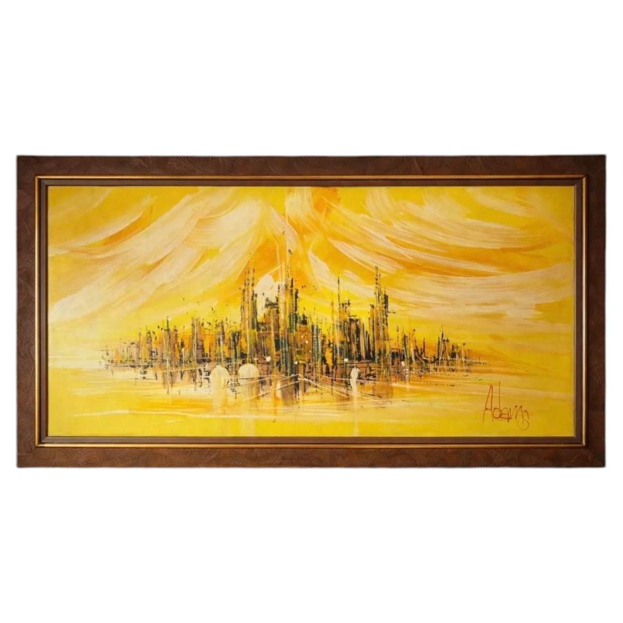 Large Original Mid Century Modern Skyline Framed Artwork Signed For Sale
