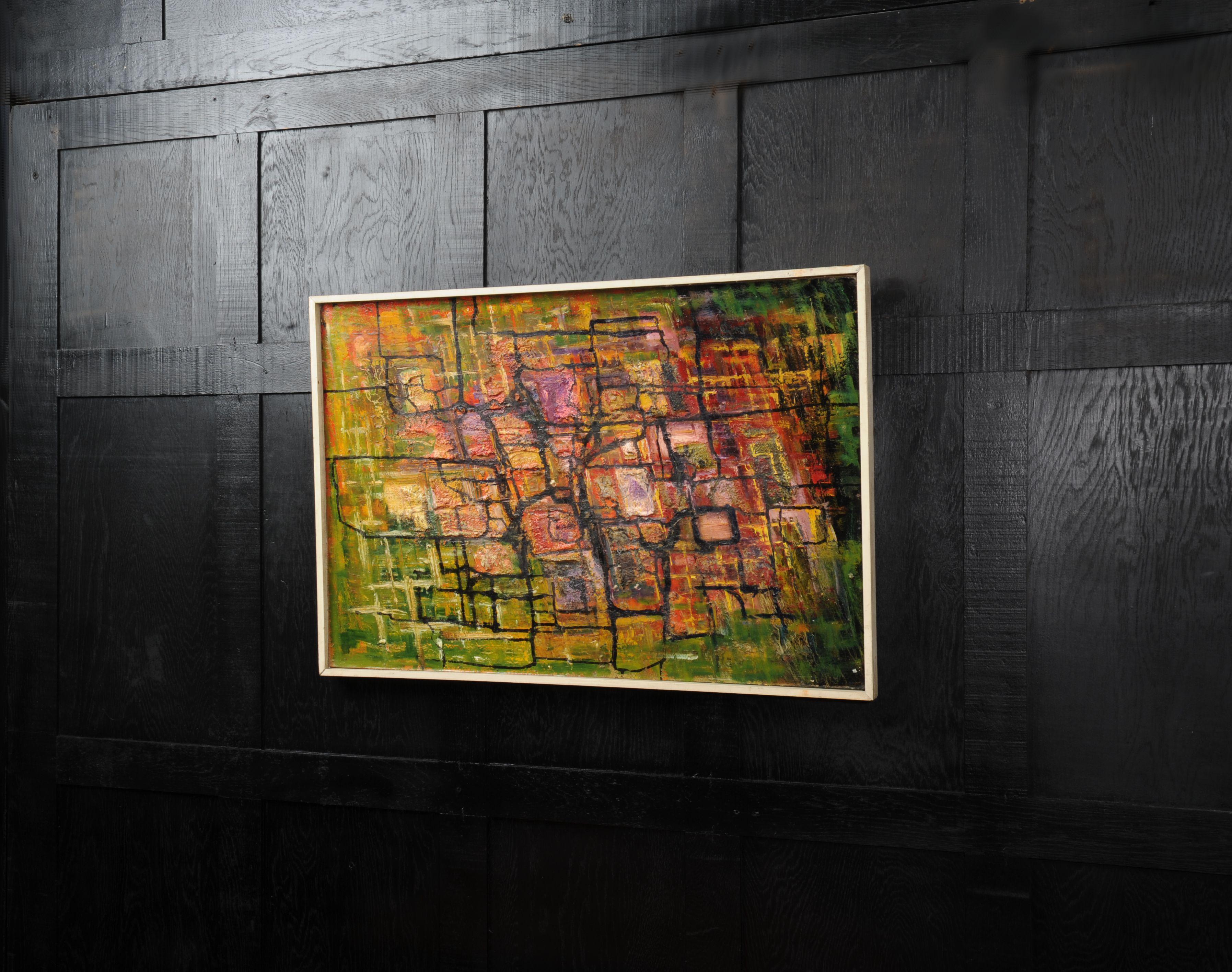 A stunning midcentury abstract oil on board by the listed artist William Ernst Burwell (1911-1974). Beautifully painted with heavily applied textures of predominantly greens and reds. It is in its original gallery frame of painted softwood. We have