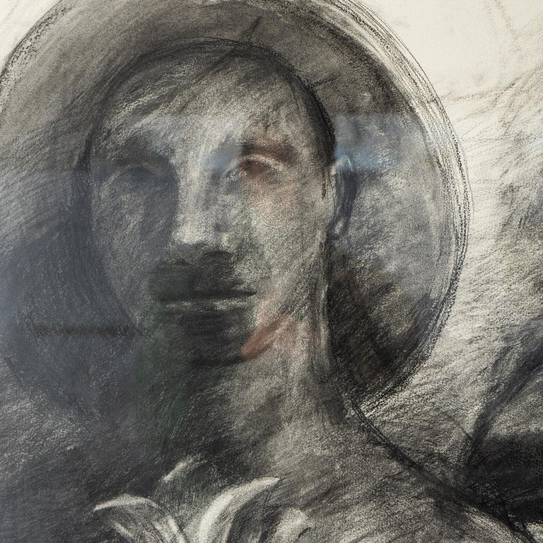 Large Original Monochrome Charcoal Drawing of Two Figures For Sale at