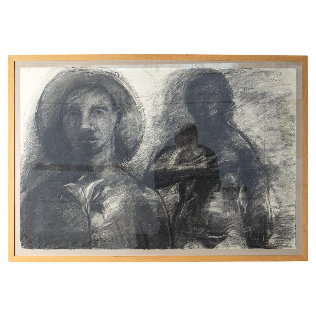 Large Vintage Original Monochrome Charcoal Drawing of Two Figures