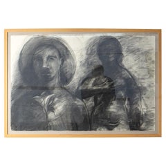 Large Vintage Original Monochrome Charcoal Portrait Drawing Of Two Figures