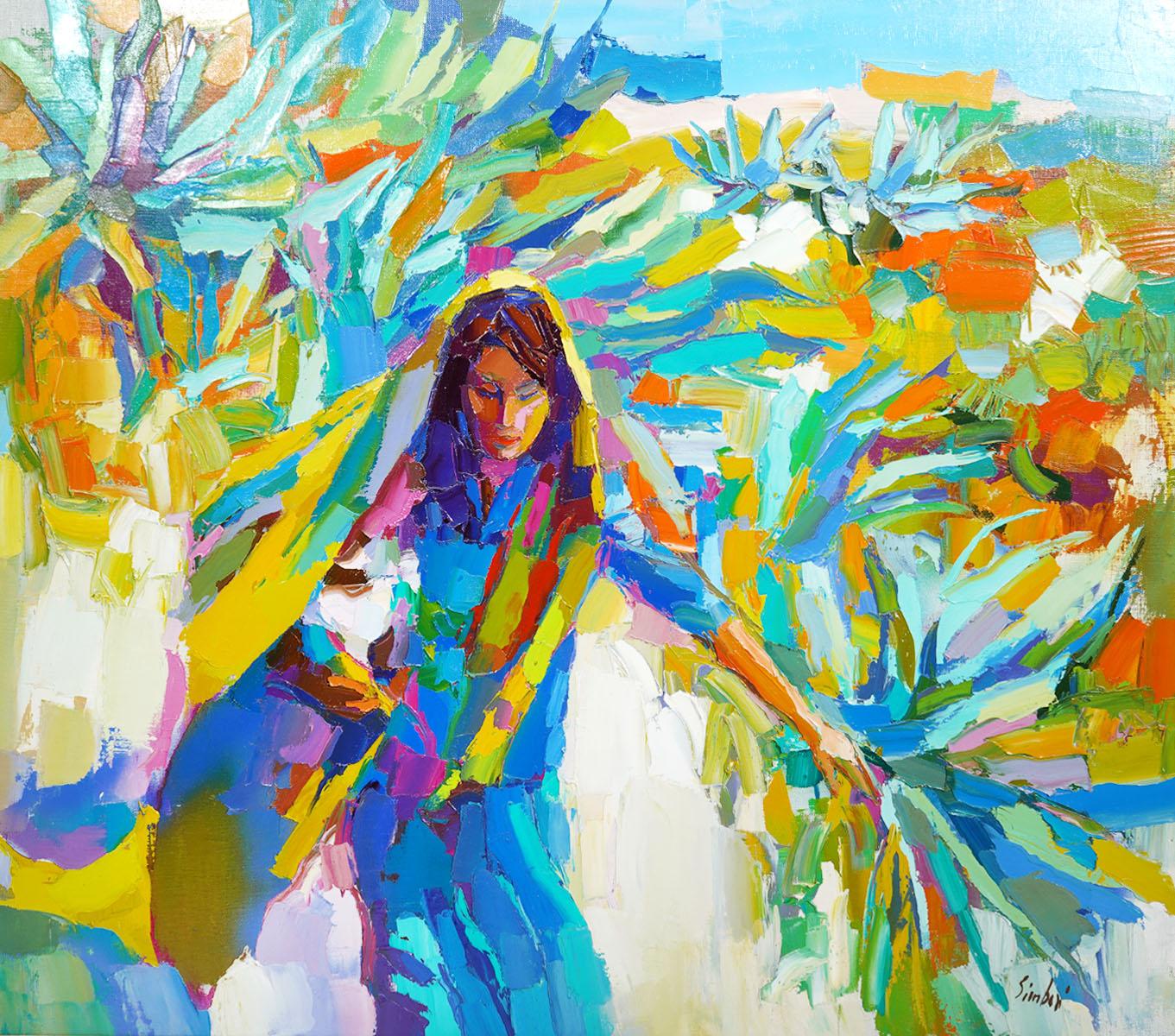 Nicola Simbari, Italy (1927-2012). Oil on Canvas. 'Siciliano'. Wonderful scene of a women walking through what looks like a garden. This is one of the better examples or a Simbari I have seen. 38
