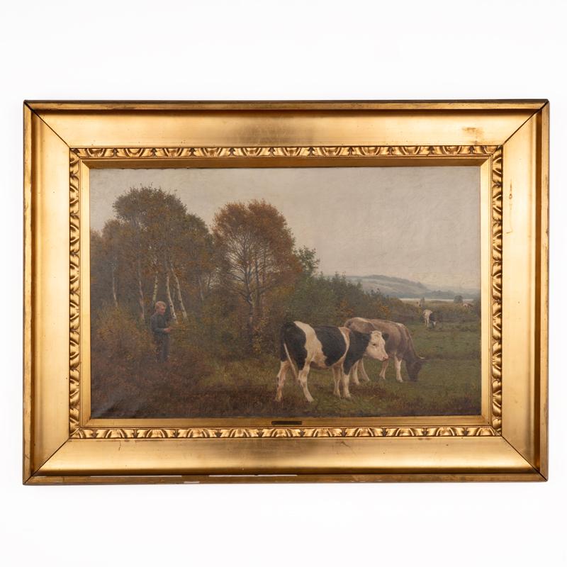 This large original oil on canvas painting portrays a boy in the field with cows. Look closely at the boy, who appears to be whittling a stick with a knife while he looks over the grazing cattle.  It is not surprise that the painter is known for his