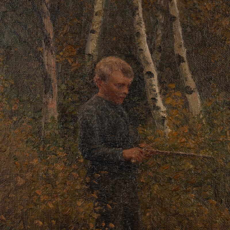 Large Original Oil on Canvas Antique Painting of Boy & Cows, Signed P. Steffenso In Good Condition For Sale In Round Top, TX