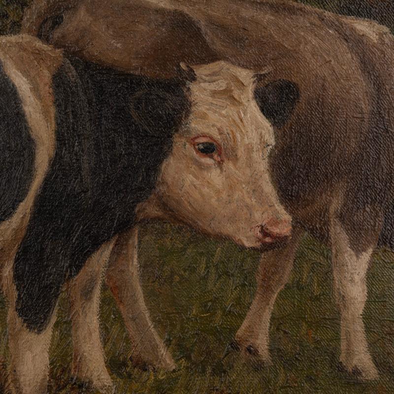 20th Century Large Original Oil on Canvas Antique Painting of Boy & Cows, Signed P. Steffenso For Sale