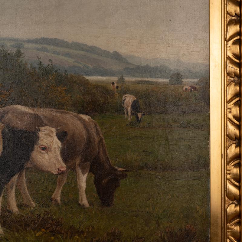 Large Original Oil on Canvas Antique Painting of Boy & Cows, Signed P. Steffenso For Sale 1