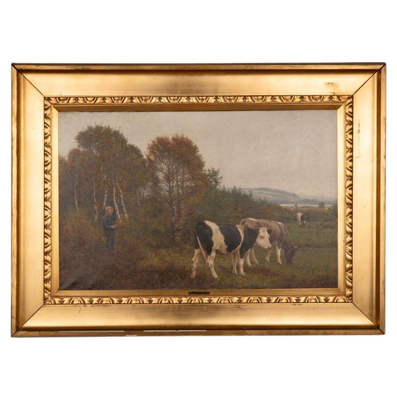 Large Original Oil on Canvas Antique Painting of Boy & Cows, Signed P. Steffenso For Sale