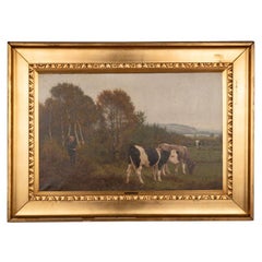 Grande huile sur toile ancienne représentant un garçon et des vaches, signée P. Steffenso