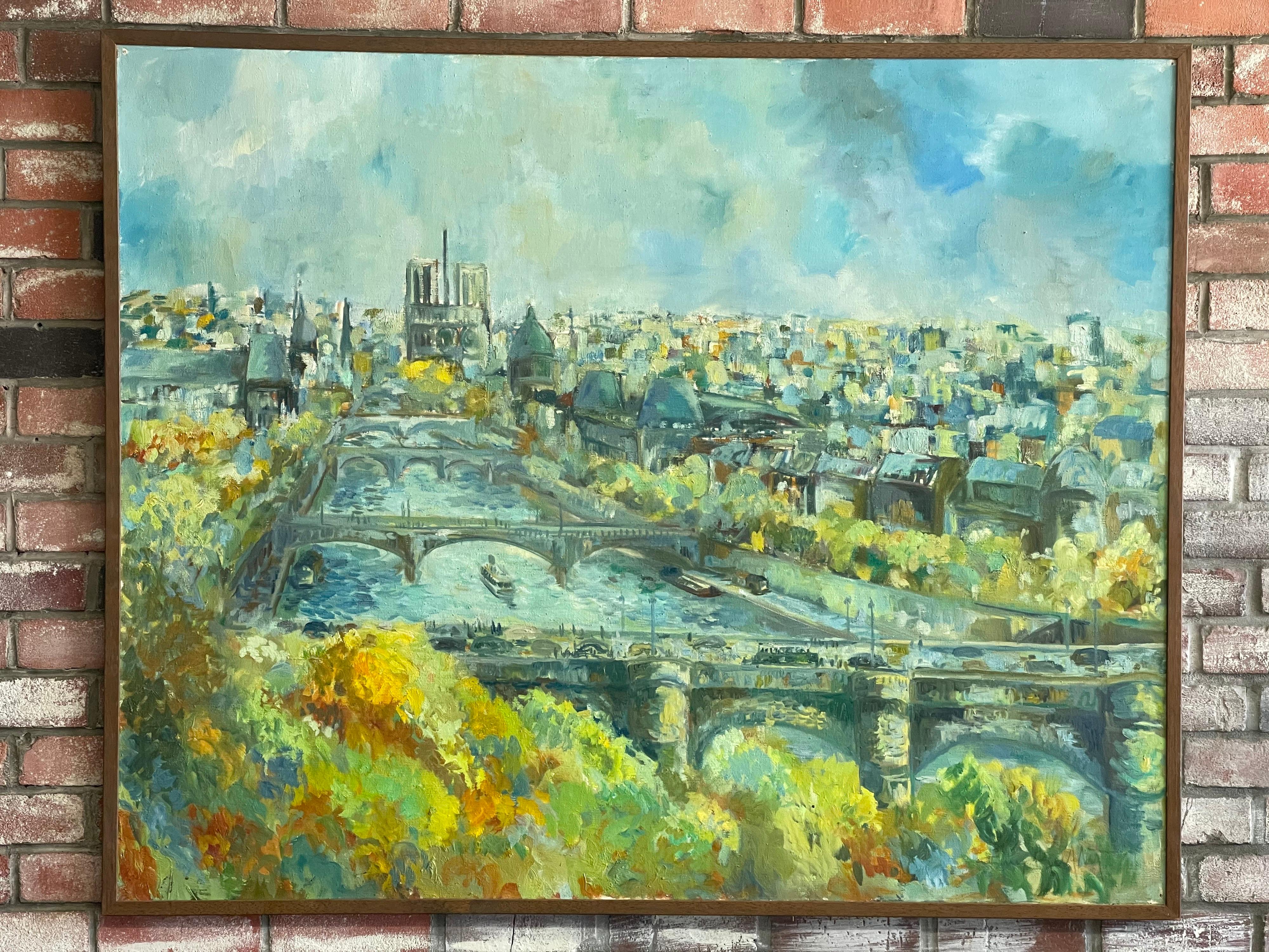 Gorgeous original oil on canvas cityscape of Paris, France by noted artist Guy Buffett, circa 1970s. The large painting depicts a view down the Seine river toward Notre Dame cathedral; wonderful use of color and brush strokes to capture the energy