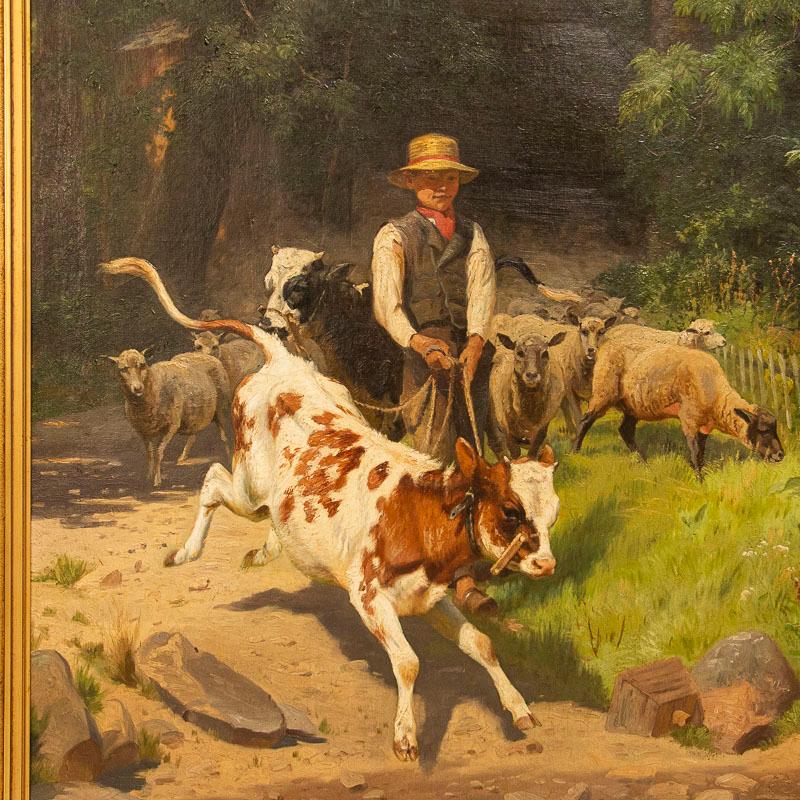 Large Original Oil on Canvas Painting of Boy with Calf and Sheep by A. Mackepran In Good Condition For Sale In Round Top, TX