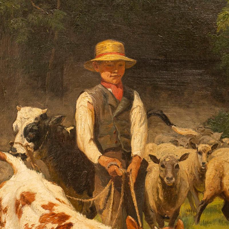 Large Original Oil on Canvas Painting of Boy with Calf and Sheep by A. Mackepran For Sale 1