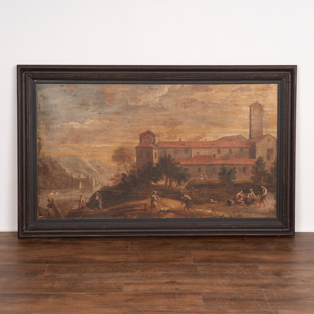 Large original oil on canvas painting of Italian village with mountains in background, 6' long (measured at frame).
Italian school circa 1700s.
Impressive in Size and detail this will make a lovely statement in any space.
Old repairs, tears, some