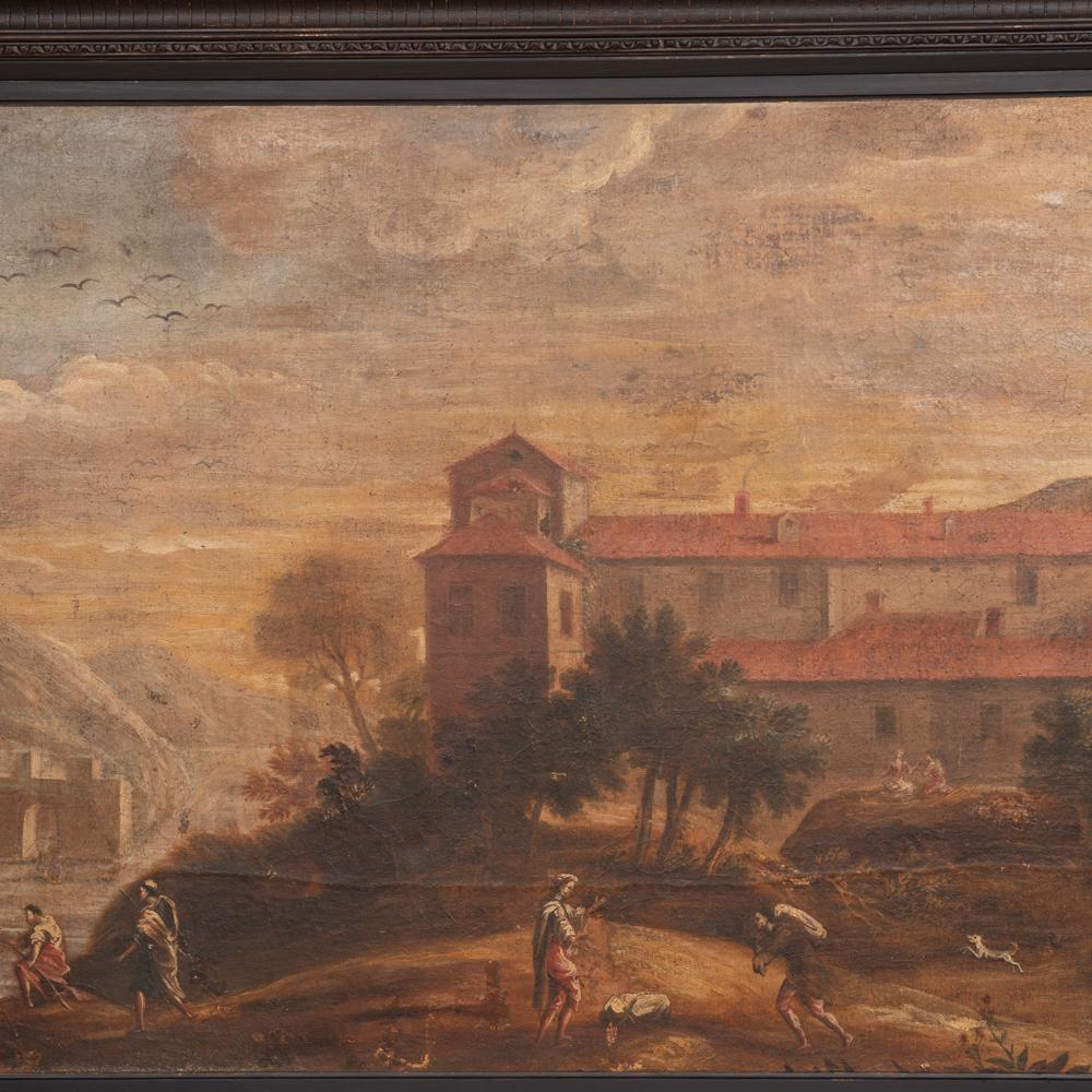 Large Original Oil on Canvas, Painting of Italian Village, Italian School 1700s In Good Condition For Sale In Round Top, TX