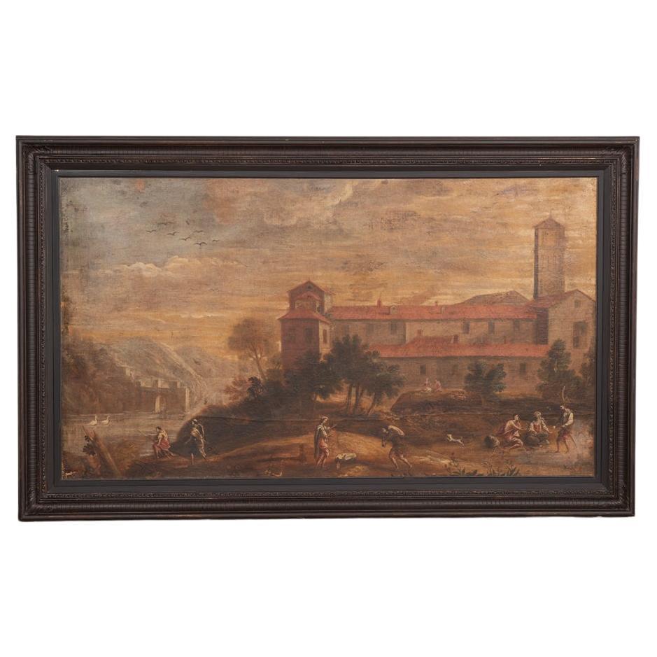 Grande huile sur toile originale, peinture d'un village italien, école italienne, années 1700