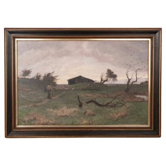 Antique Large Original Oil on Canvas Painting of Stormy Evening and Sheep, Signed Oscar