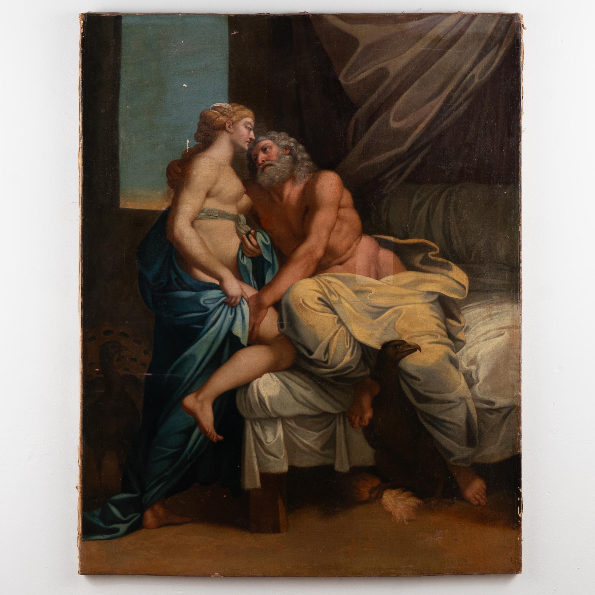 The colors remain vivid in this 4' tall original oil on canvas painting of Greek gods Zeus and Hera. Unsigned.
This portrayal of the love of the gods includes Zeus, king of the gods and ruler of heaven and Hera, wife of Zeus, queen of the gods and