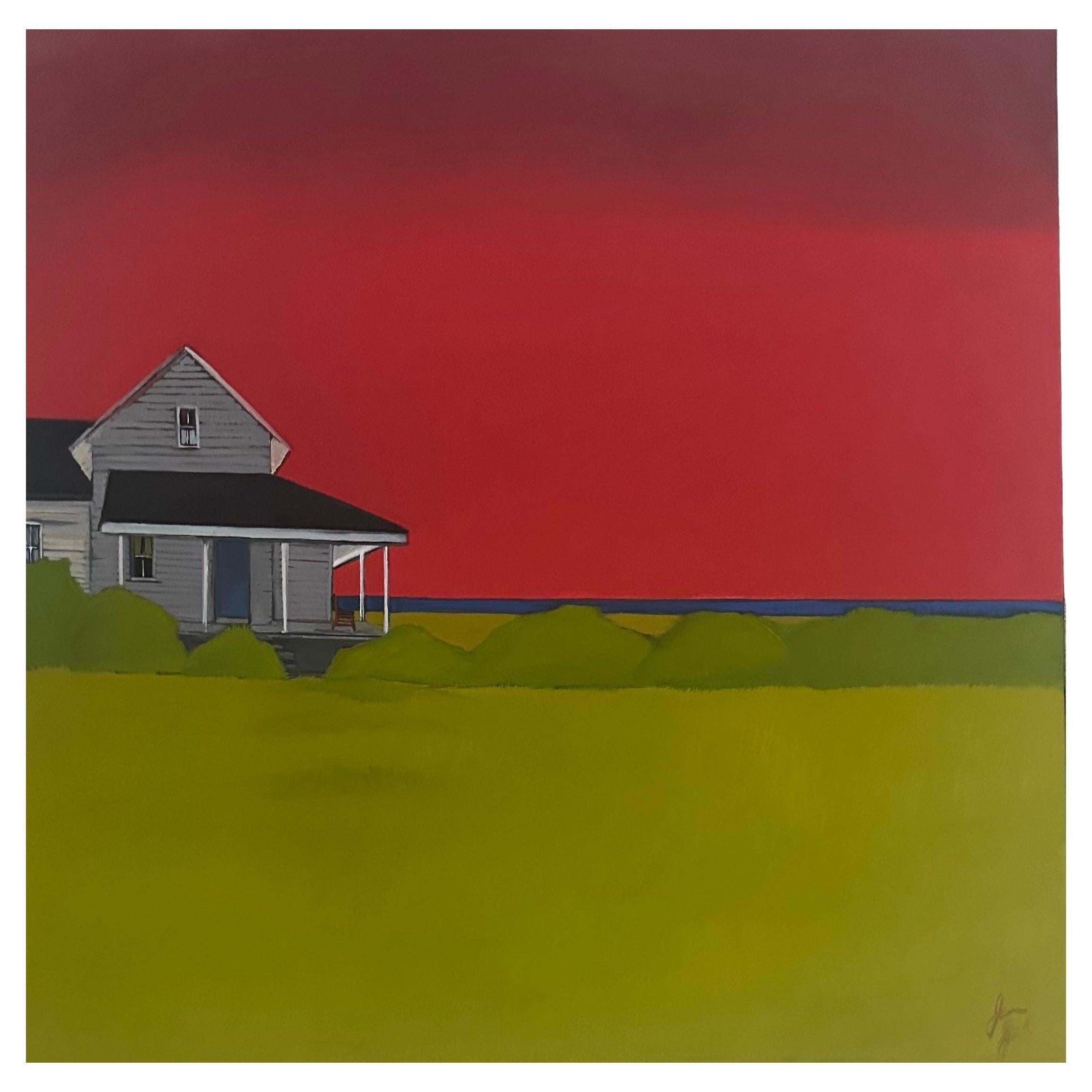 Large Original Oil on Canvas "Vineyard Grey / Red Sky" by Jean Jack For Sale