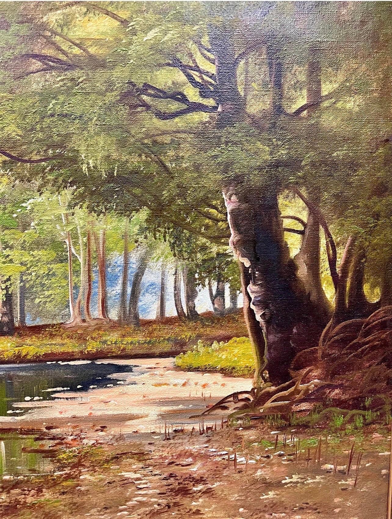 Grande dipinto a olio originale di una foresta vicino al ruscello, Paesaggio di  A. Johansen In condizioni buone a West Hartford, CT