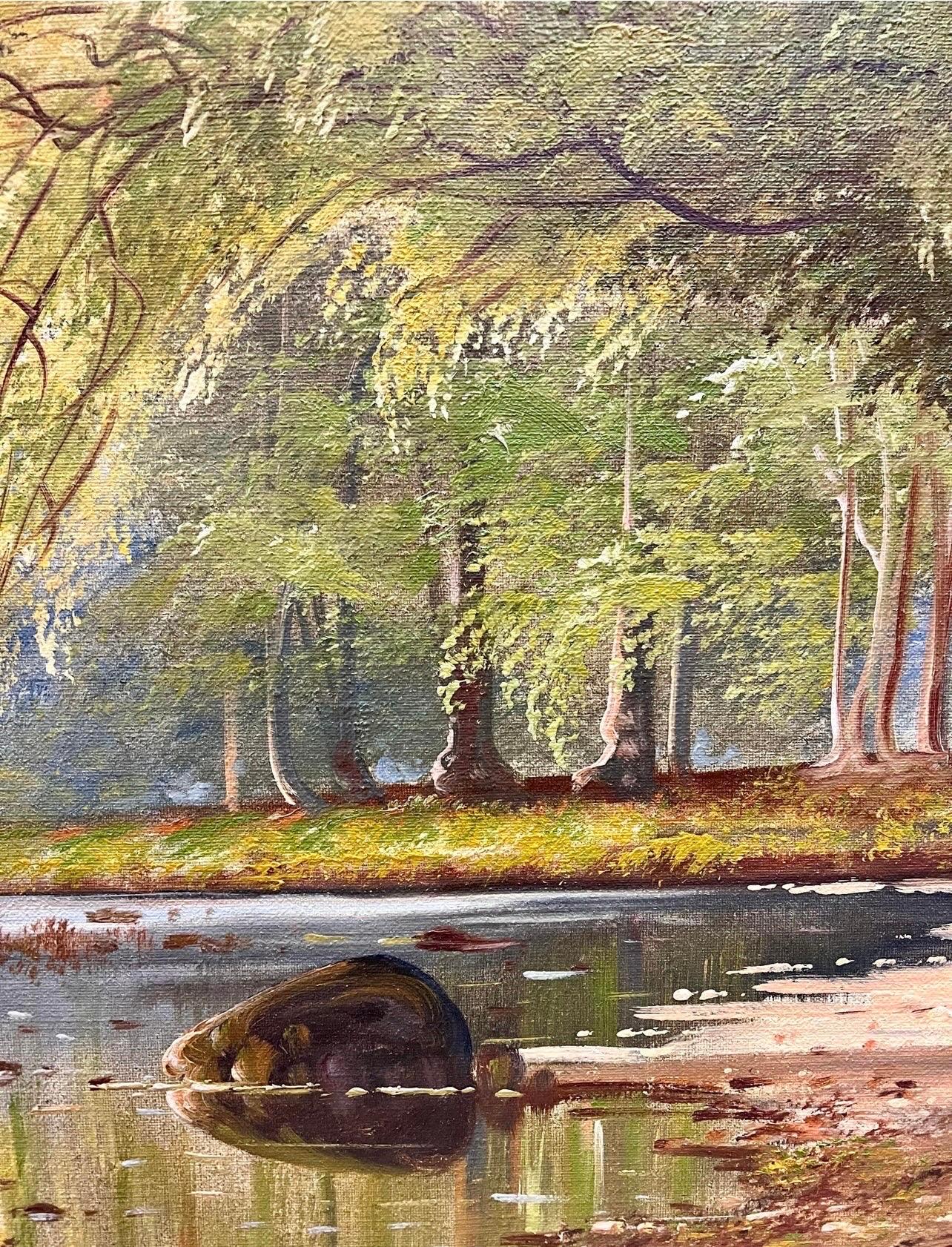 XX secolo Grande dipinto a olio originale di una foresta vicino al ruscello, Paesaggio di  A. Johansen
