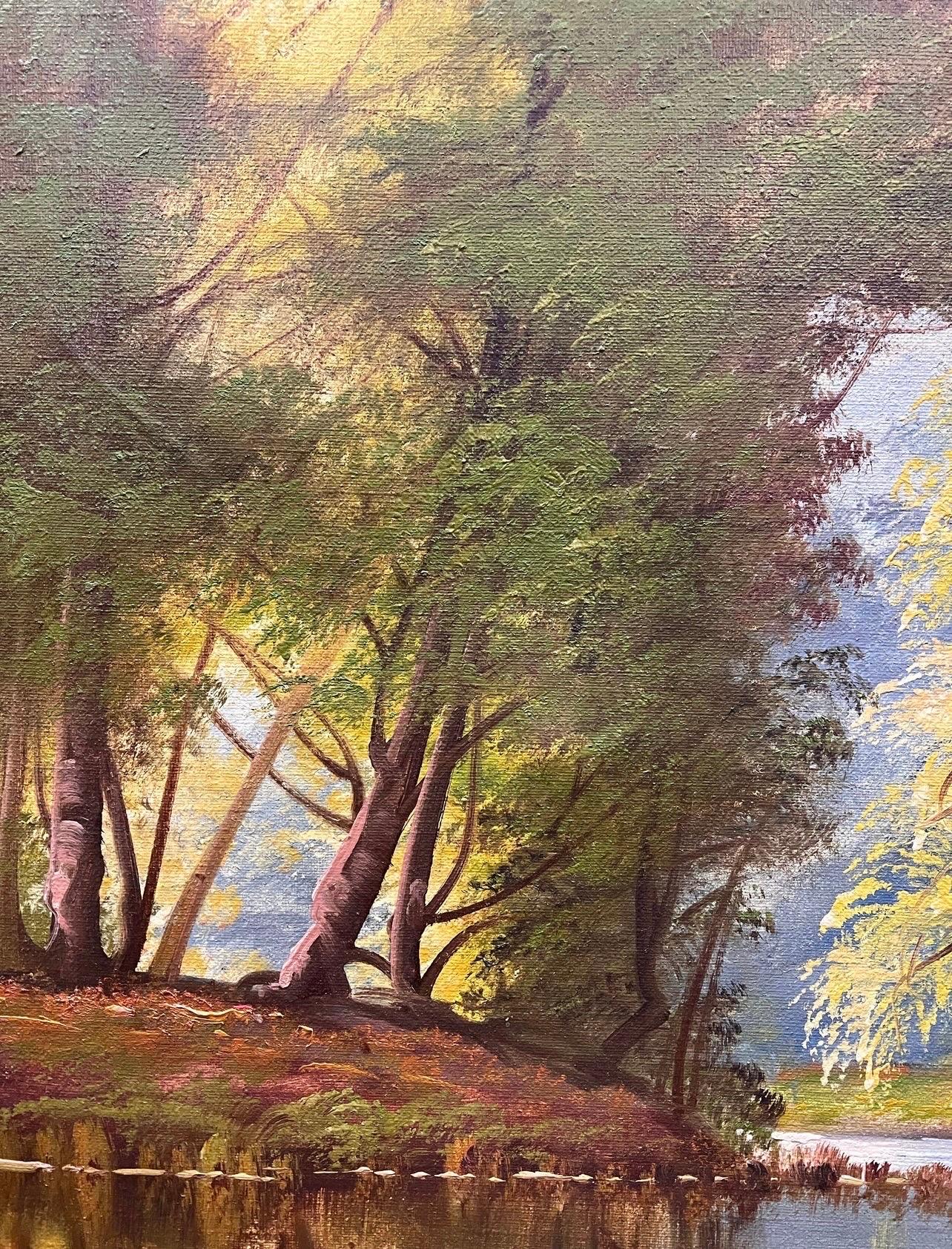 Tela Grande dipinto a olio originale di una foresta vicino al ruscello, Paesaggio di  A. Johansen