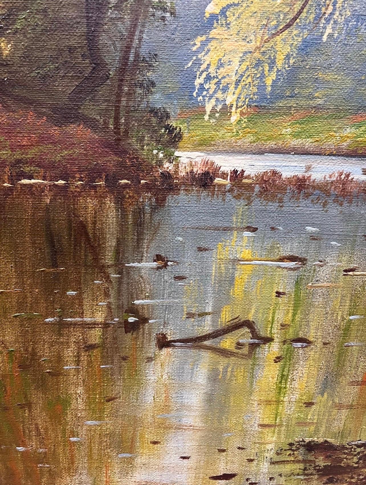 Grande dipinto a olio originale di una foresta vicino al ruscello, Paesaggio di  A. Johansen 1