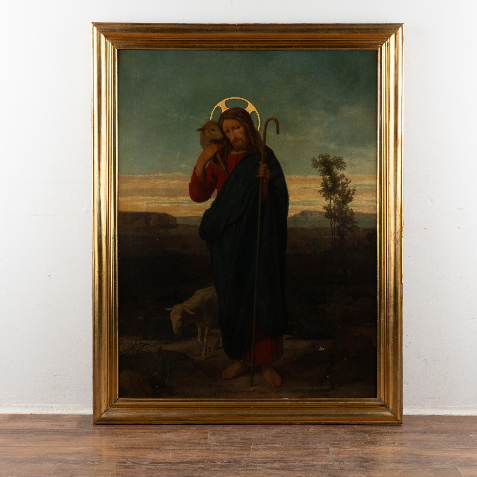 Large original oil on canvas painting of Christ as the Good Shepherd.
Painter unknown, 19th century: Unsigned.
Condition:Cracqueluer throughout. A few retouches and surface scratches (see close up photos). Will benefit from cleaning. Minor peelings.