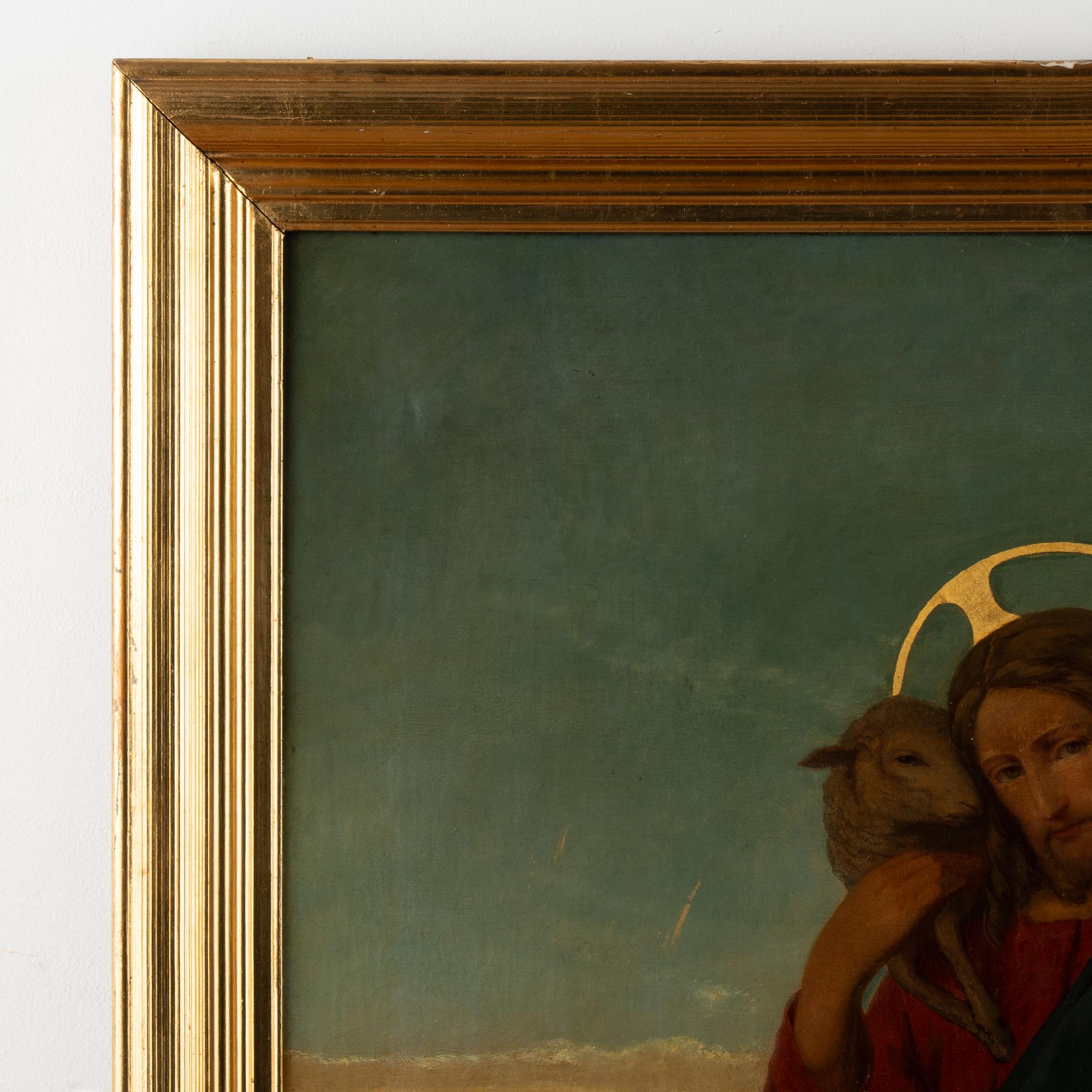 Danish Large Original Oil Painting of Christ as The Good Shepherd, Denmark circa 1880