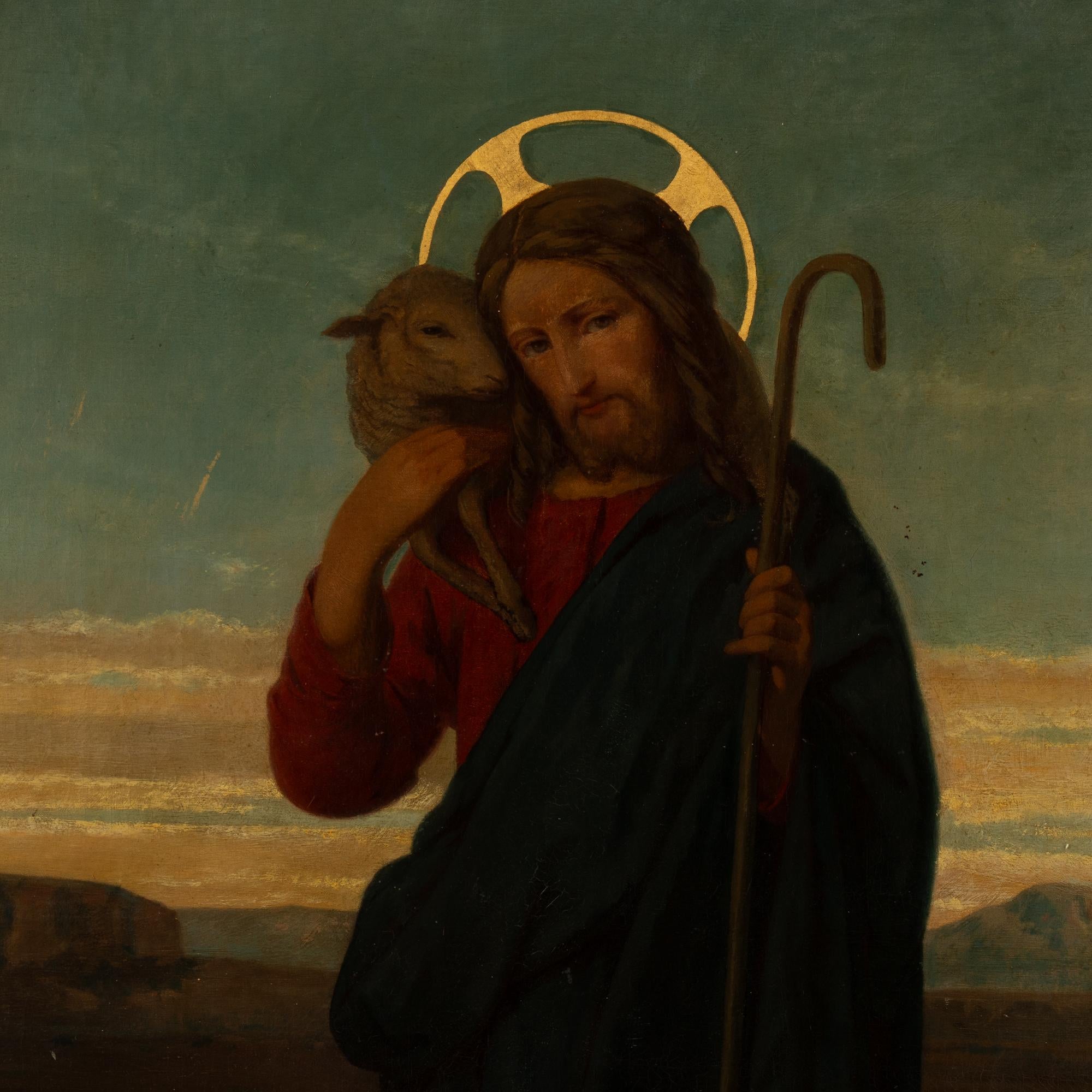 19th Century Large Original Oil Painting of Christ as The Good Shepherd, Denmark circa 1880