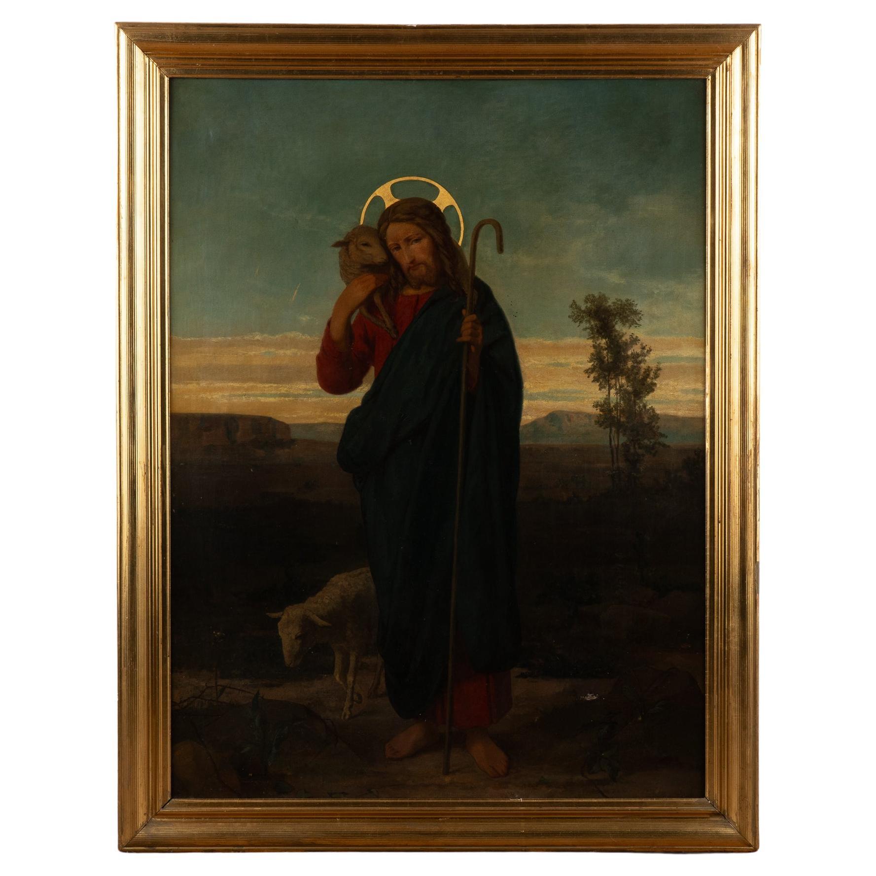 Large Original Oil Painting of Christ as The Good Shepherd, Denmark circa 1880