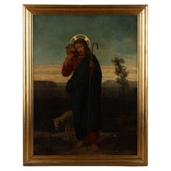 Large Original Oil Painting of Christ as The Good Shepherd, Denmark circa 1880