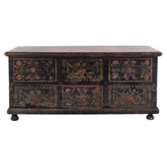 Large original painted chest with floral motifs from the 19th century