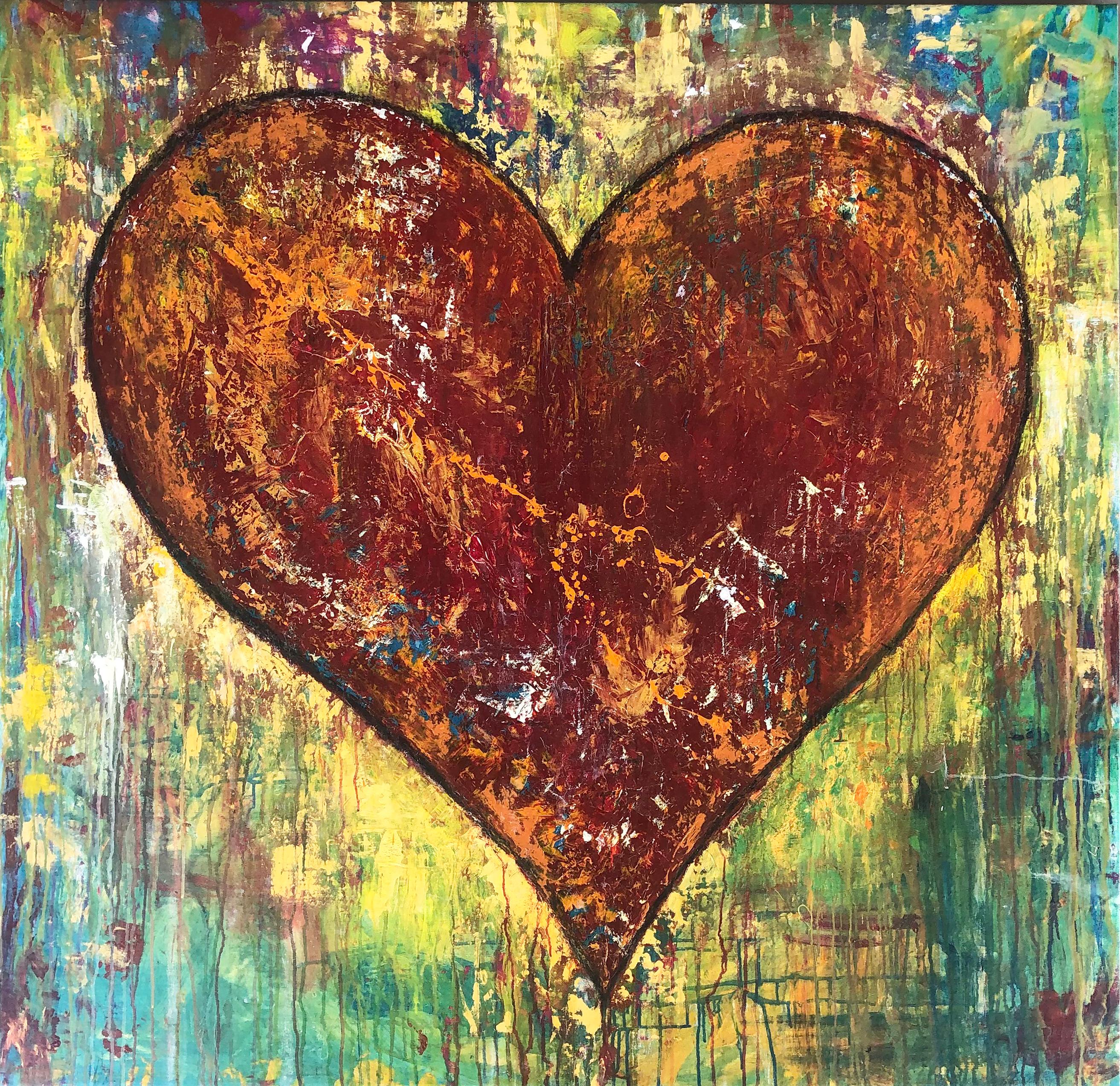  Large Vintage Cristina Dalcomune Abstract Heart Painting, Signed & Dated 2016 In Good Condition For Sale In Miami, FL