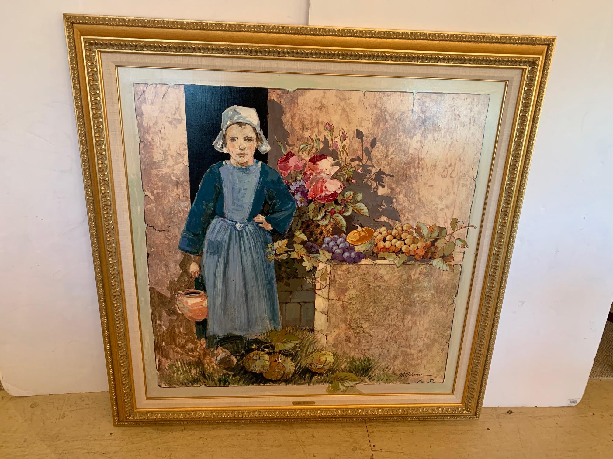 Impressive large portrait of a pretty farm girl with bonnet holding a basket and standing next to a harvest assortment of flowers and fruit. Artist brass plaque on the frame says Michel Moreau. Signed lower right.

Born April 25, 1940, in Angers,